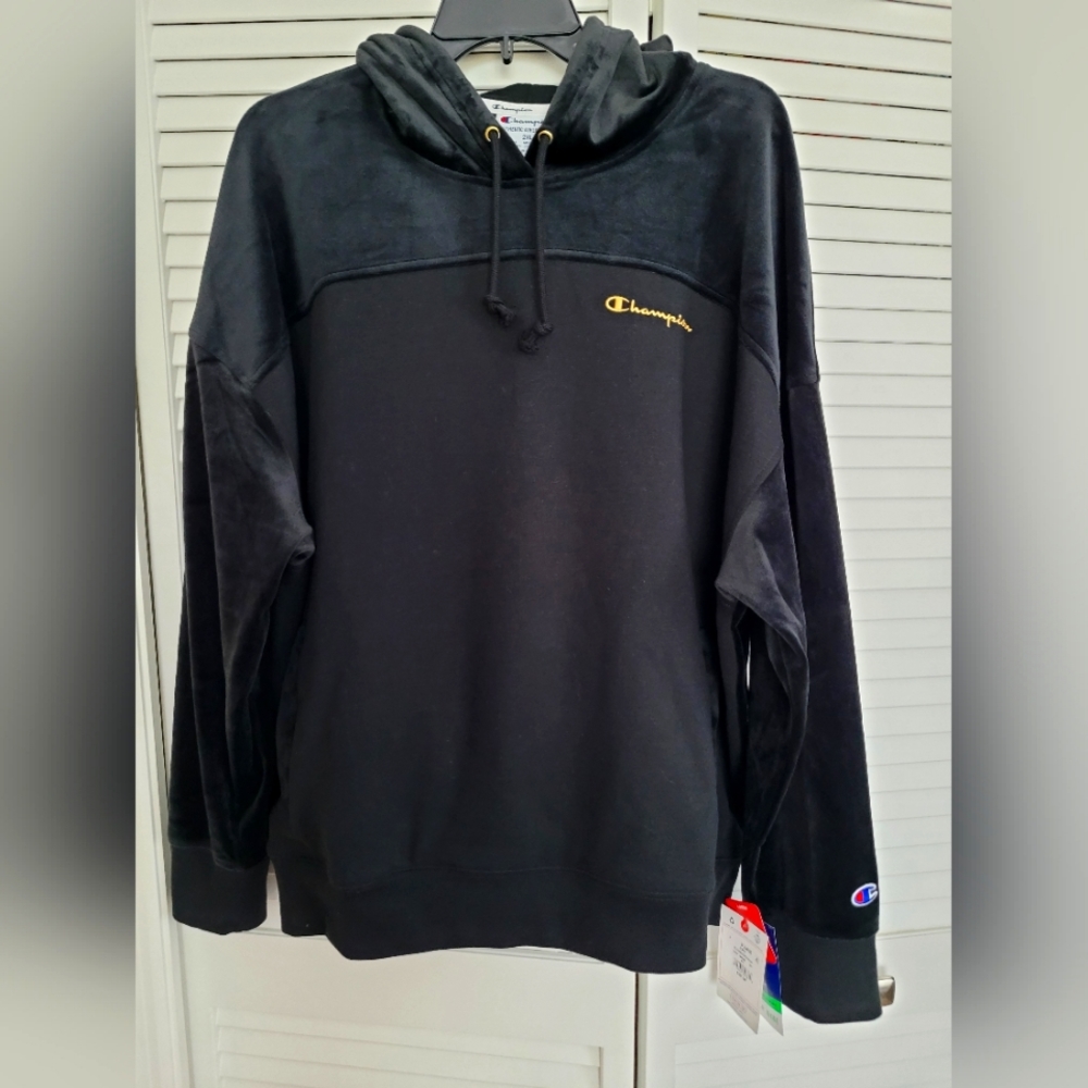 NWT Champion Sz 2XL Velour Block Supersoft Pullover Hoodie Logo Black Gold